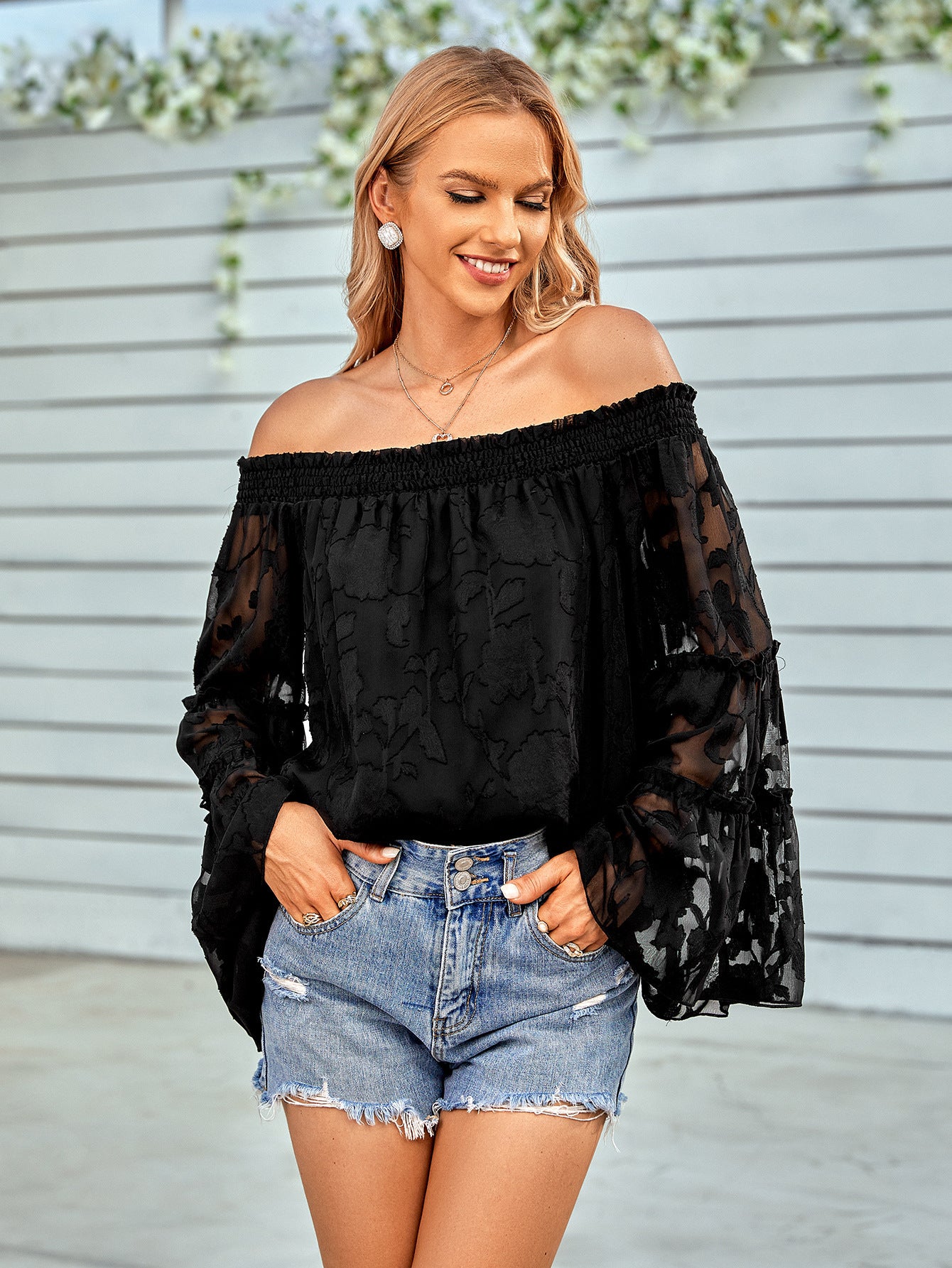 Applique Flounce Sleeve Off-Shoulder Blouse - SHIRLYN.CO