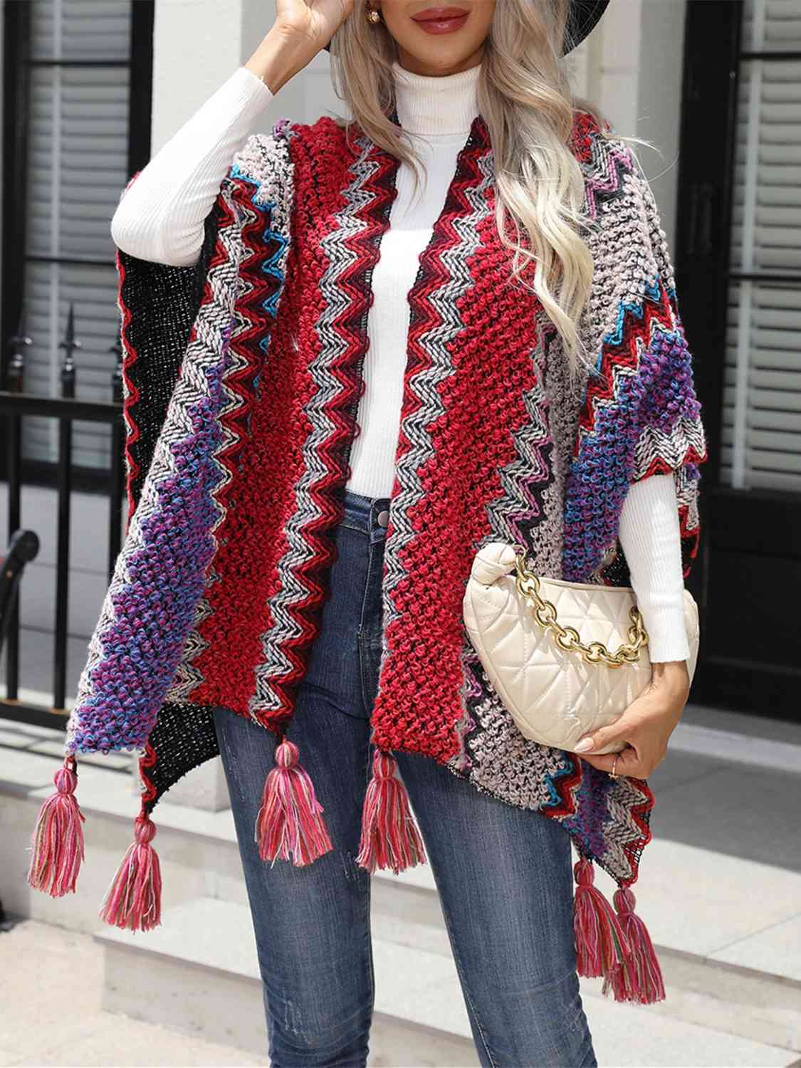 Striped Open Front Poncho with Tassels