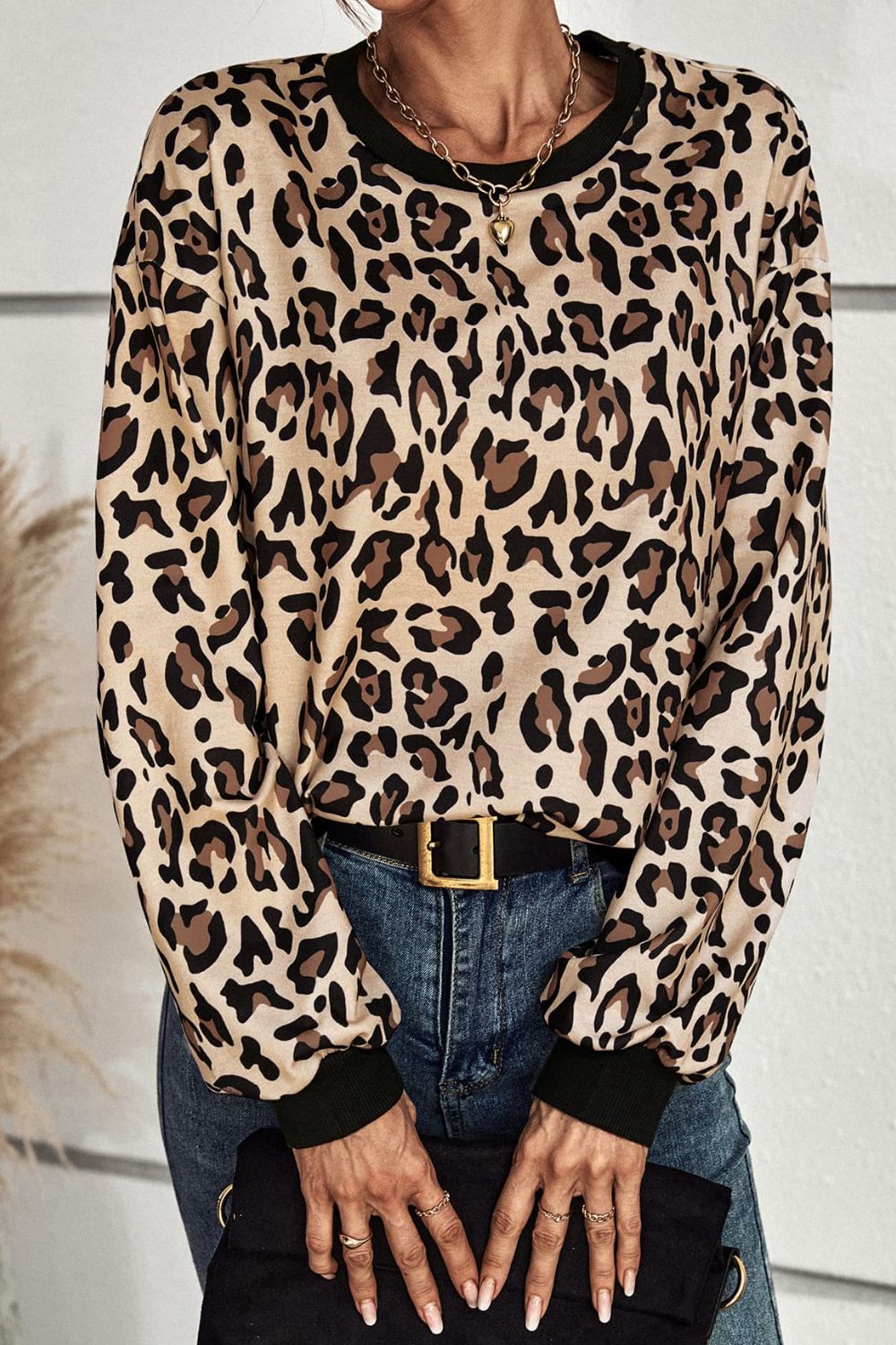 Leopard Round Neck Dropped Shoulder Sweatshirt - SHIRLYN.CO