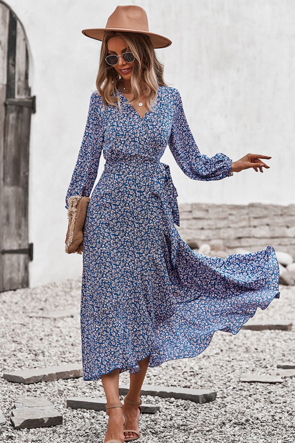 Floral Surplice Neck Long Sleeve Dress - SHIRLYN.CO