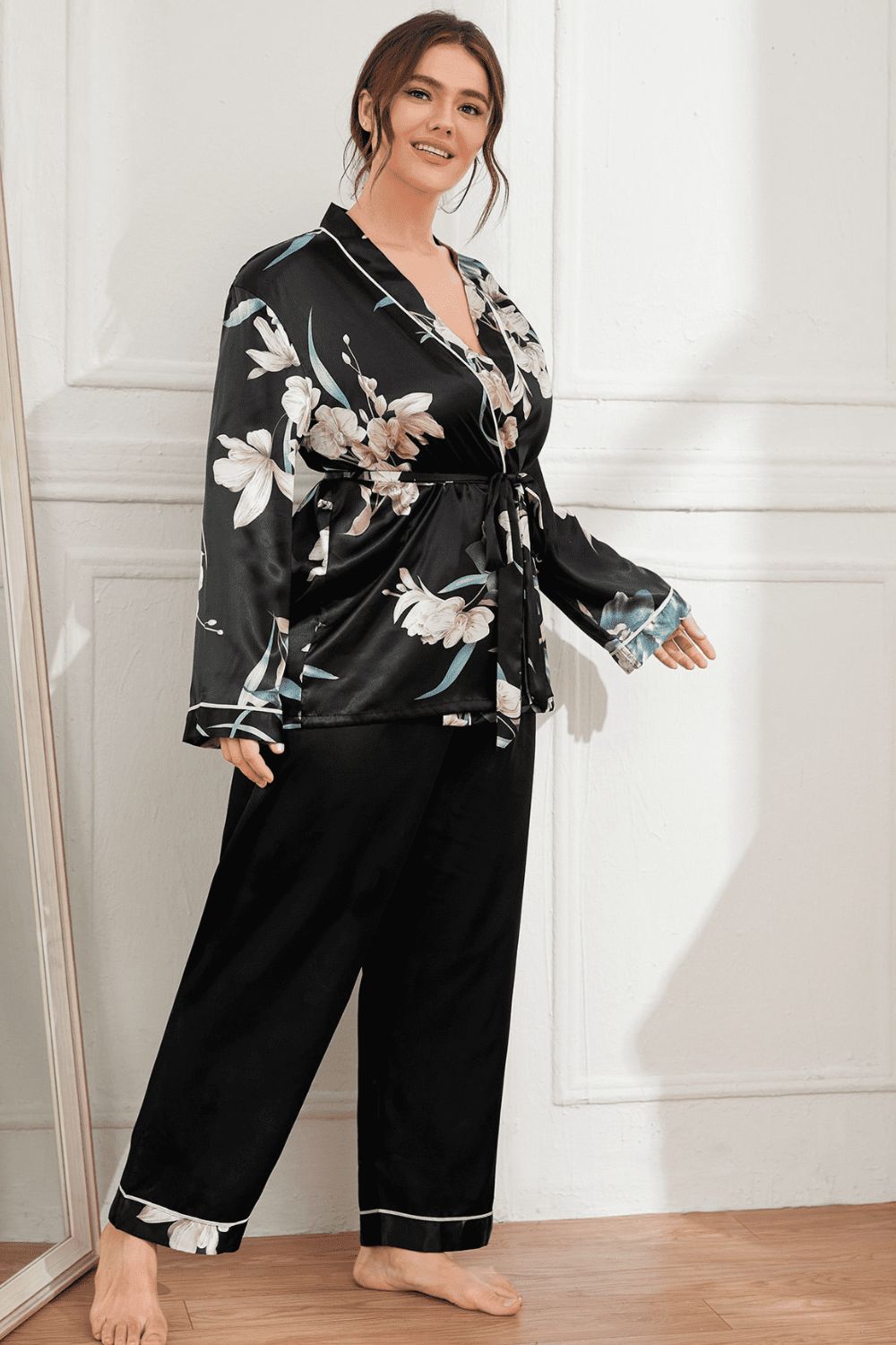 Plus Size Floral Belted Robe and Pants Pajama Set - SHIRLYN.CO