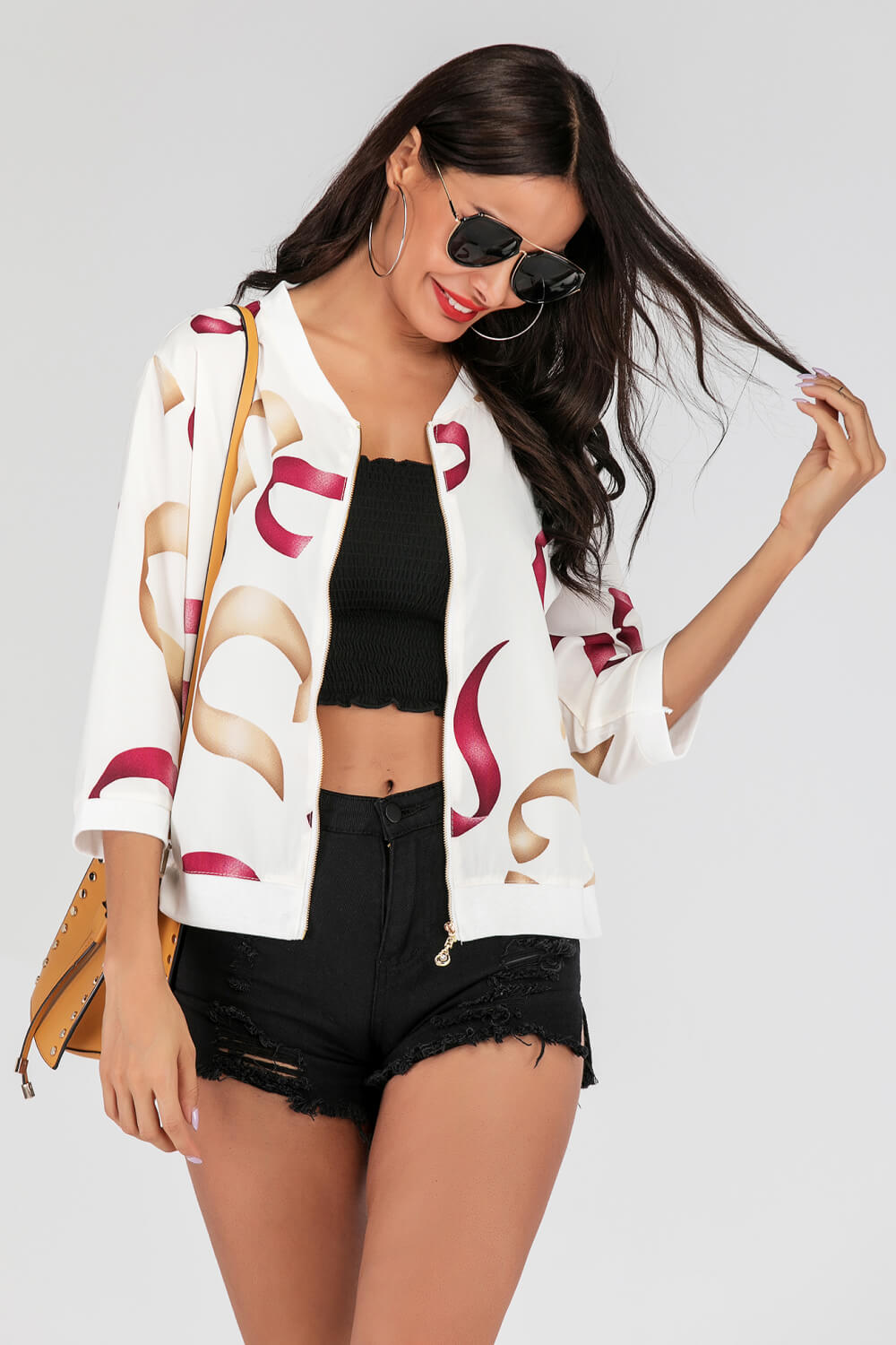 Printed Zip-Up Three-Quarter Sleeve Bomber Jacket - SHIRLYN.CO