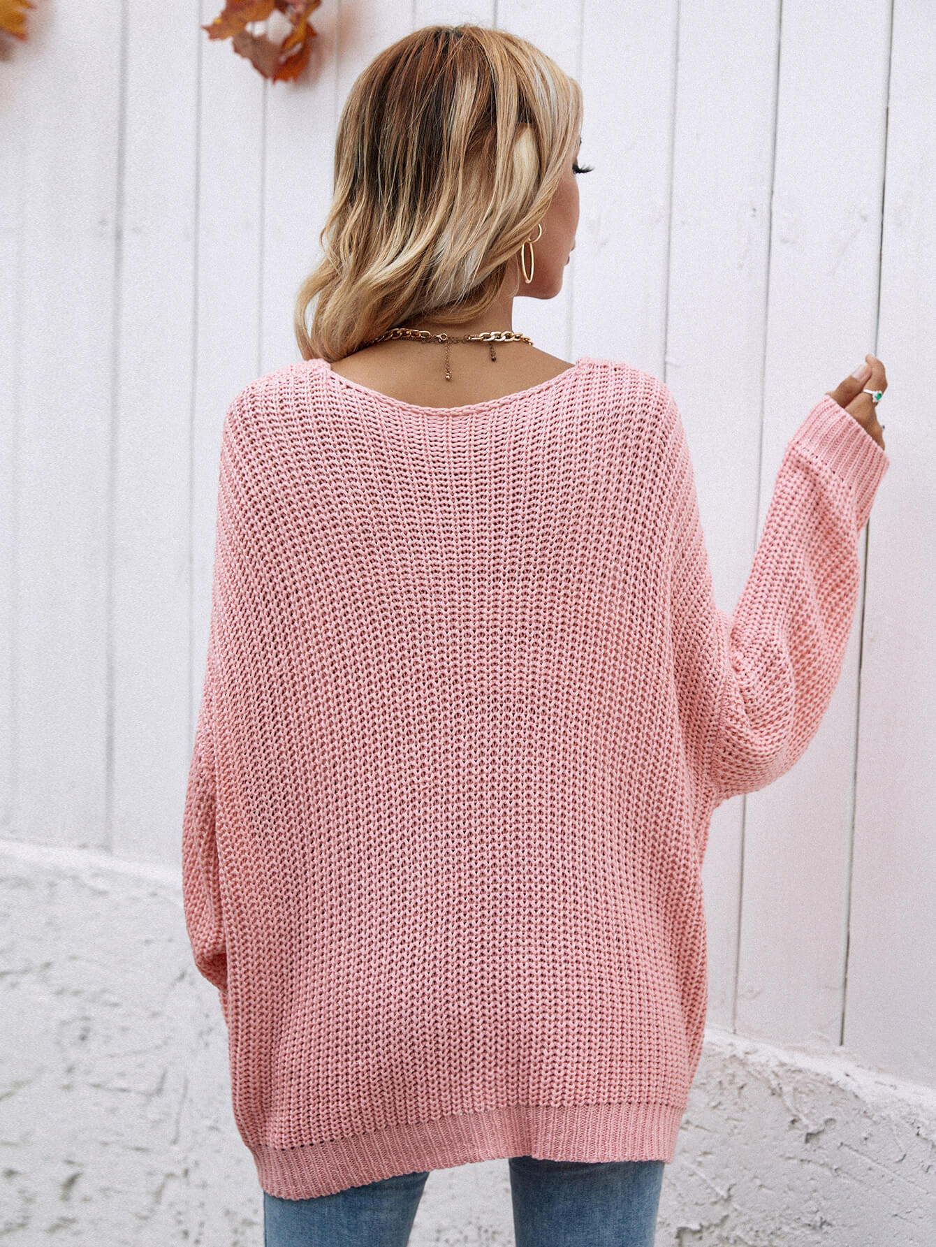 Rib-Knit Drop Shoulder V-Neck Pullover Sweater