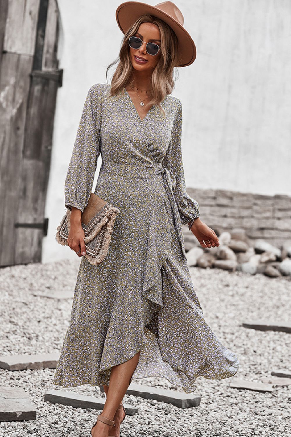 Floral Surplice Neck Long Sleeve Dress - SHIRLYN.CO