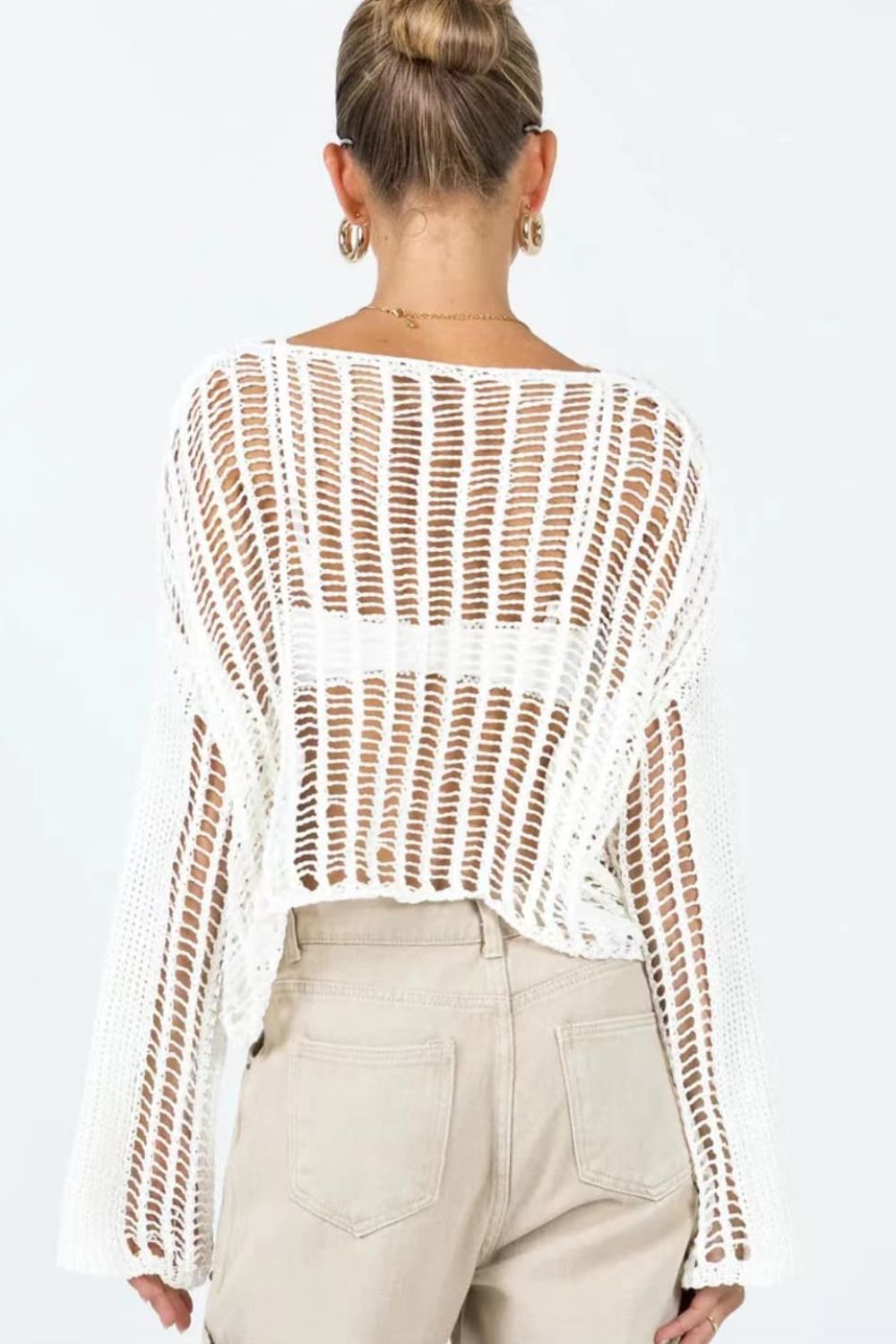 Openwork Boat Neck Long Sleeve Cover Up - SHIRLYN.CO