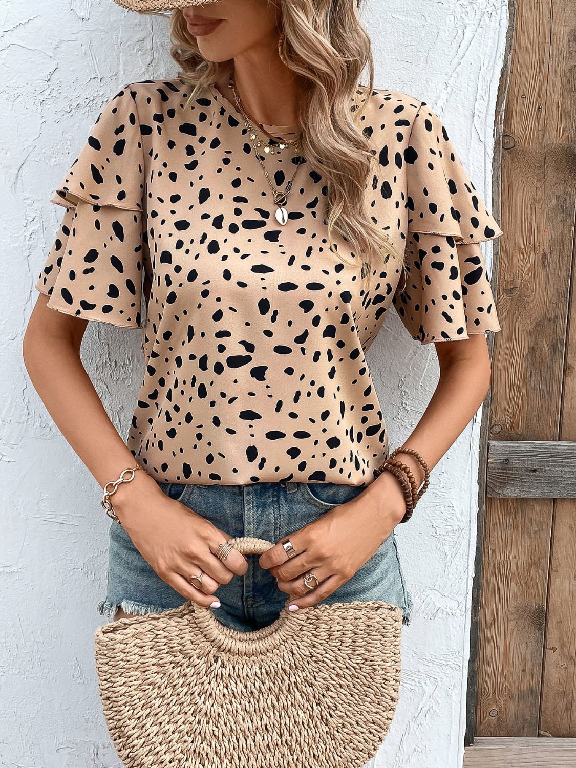 Printed Round Neck Layered Sleeve Blouse - SHIRLYN.CO