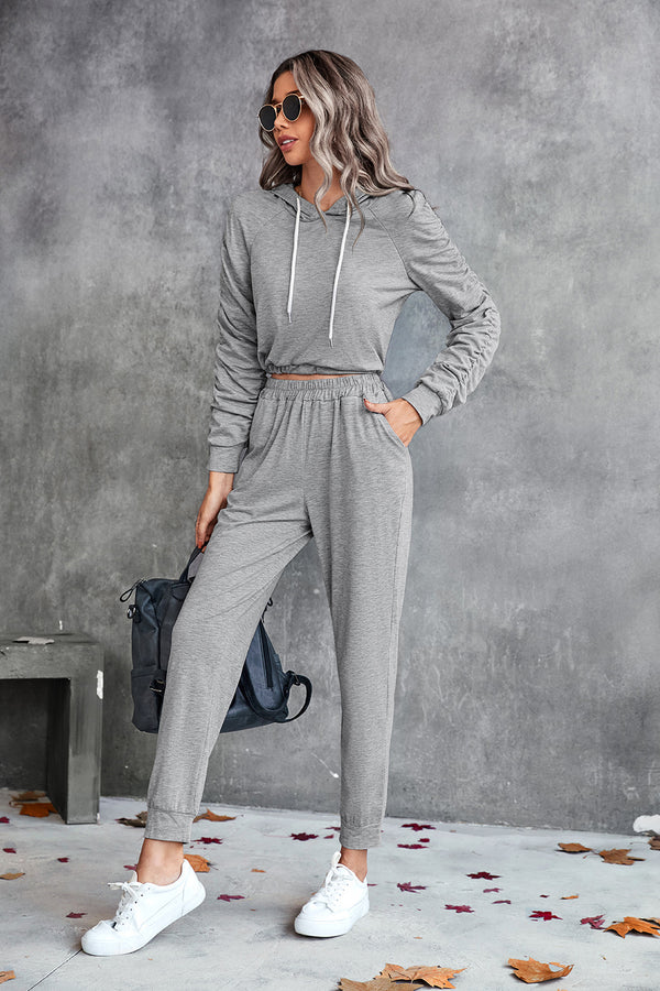 Ruched Raglan Sleeve Hoodie and Joggers Set - SHIRLYN.CO