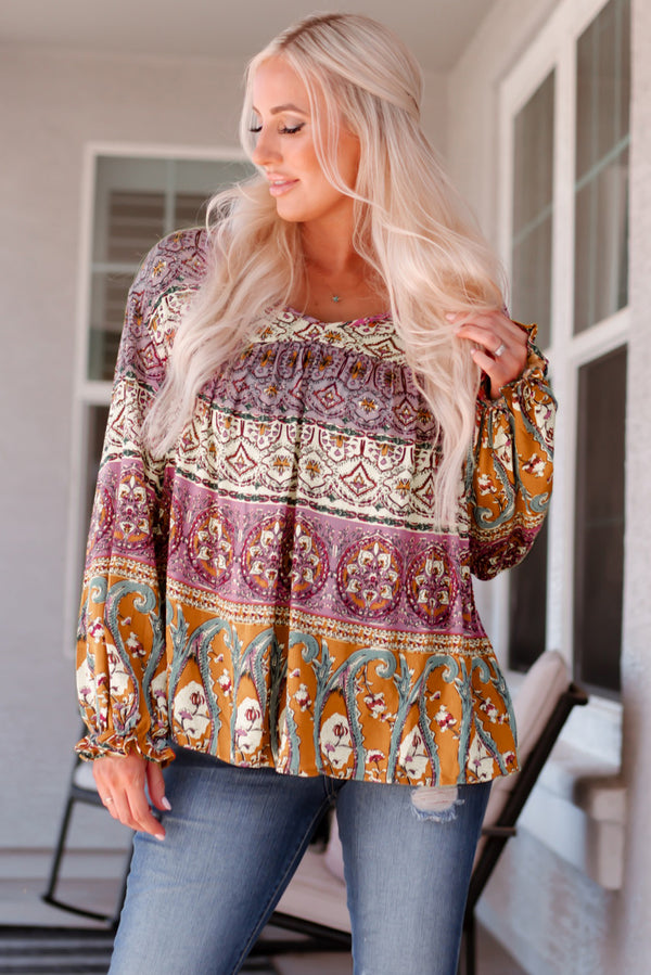 Bohemian Long Flounce Sleeve V-Neck Blouse - SHIRLYN.CO