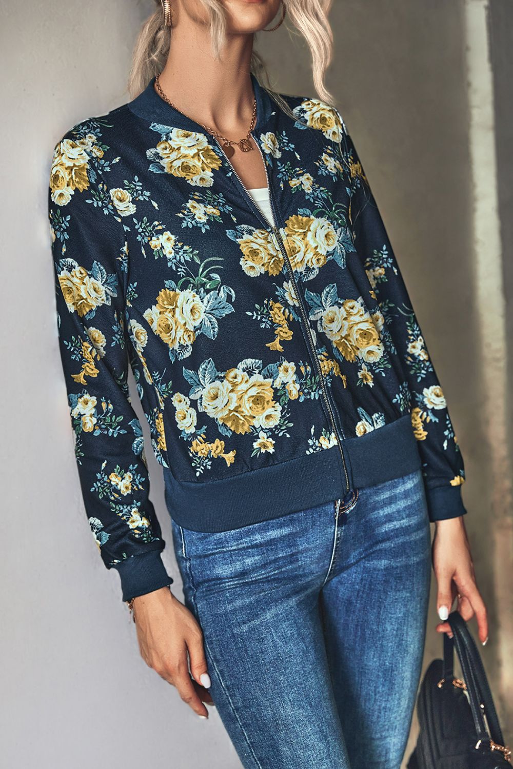 Floral Zip Up Ribbed Trim Bomber Jacket - SHIRLYN.CO