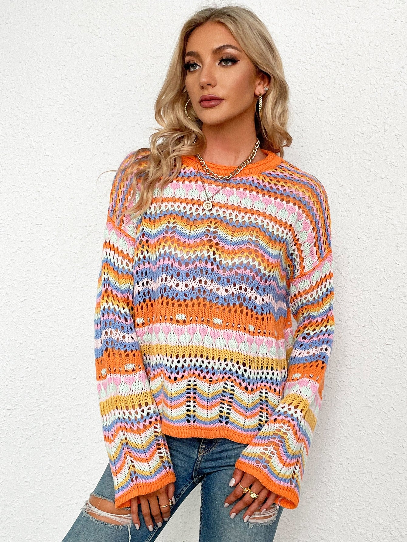 Rainbow Stripe Openwork Flare Sleeve Knit Top - SHIRLYN.CO