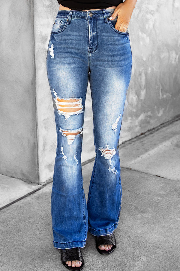 Distressed Flare Leg Jeans with Pockets - SHIRLYN.CO