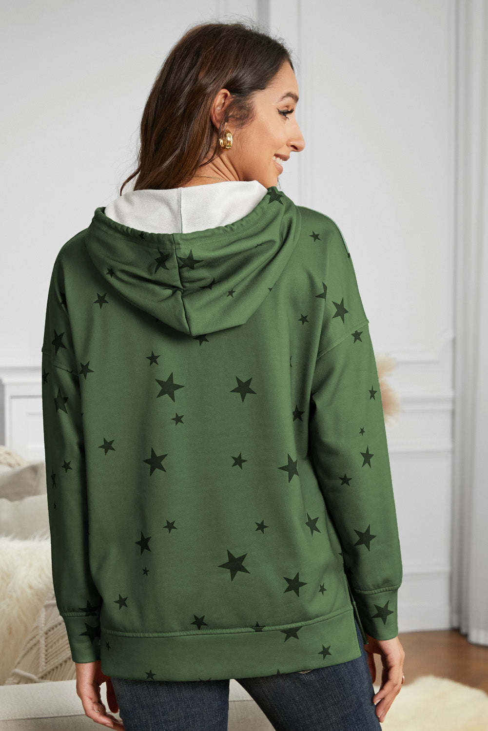 Star Print Drawstring Detail Hoodie - SHIRLYN.CO