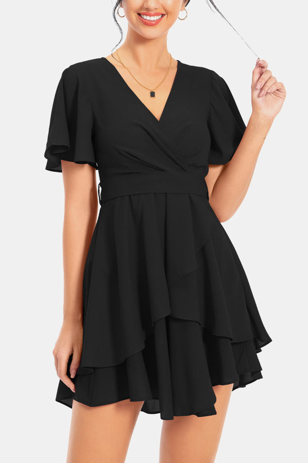 Surplice Neck Flutter Sleeve Dress - SHIRLYN.CO