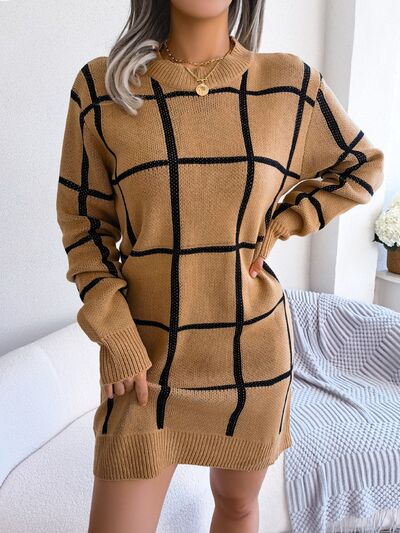 Plaid Round Neck Dropped Shoulder Sweater Dress