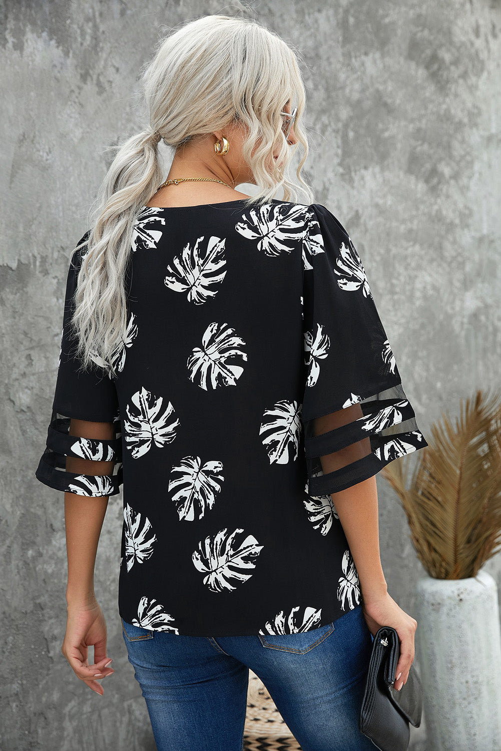 Botanical Print V-Neck Puff Sleeve Blouse - SHIRLYN.CO