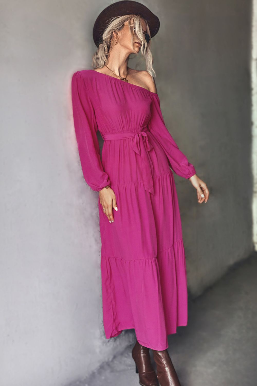 Belted One-Shoulder Tiered Maxi Dress - SHIRLYN.CO