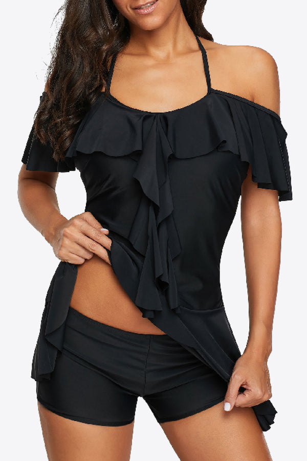 Ruffled Cold-Shoulder Two-Piece Swimsuit - SHIRLYN.CO