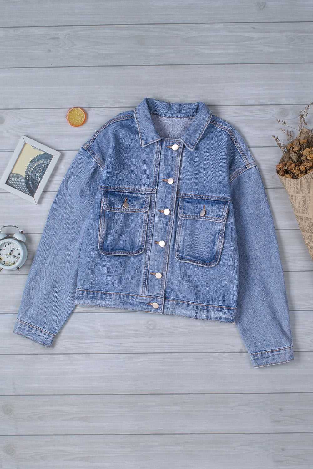 Button Down Collared Neck Denim Jacket - SHIRLYN.CO