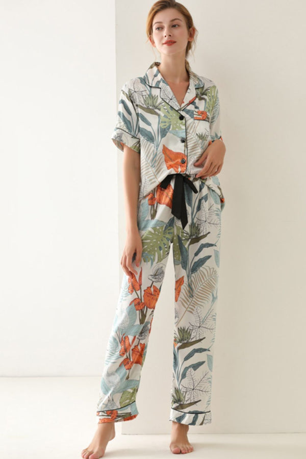 Botanical Print Button-Up Top and Pants Pajama Set - SHIRLYN.CO