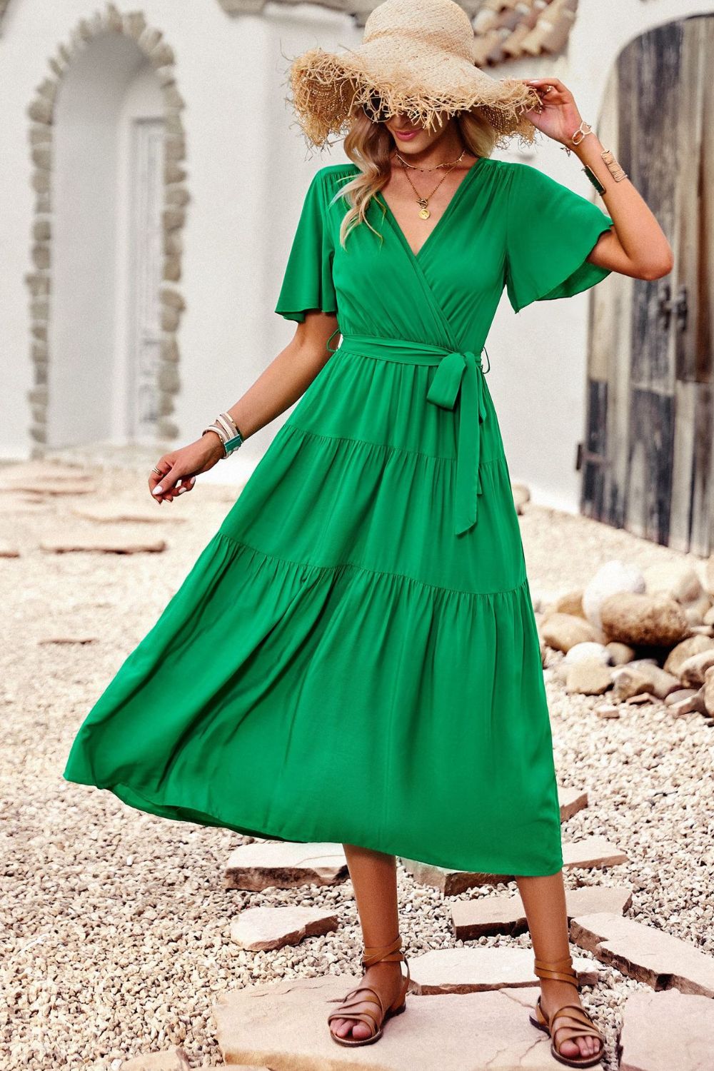 Belted Flutter Sleeve Tiered Surplice Dress - SHIRLYN.CO