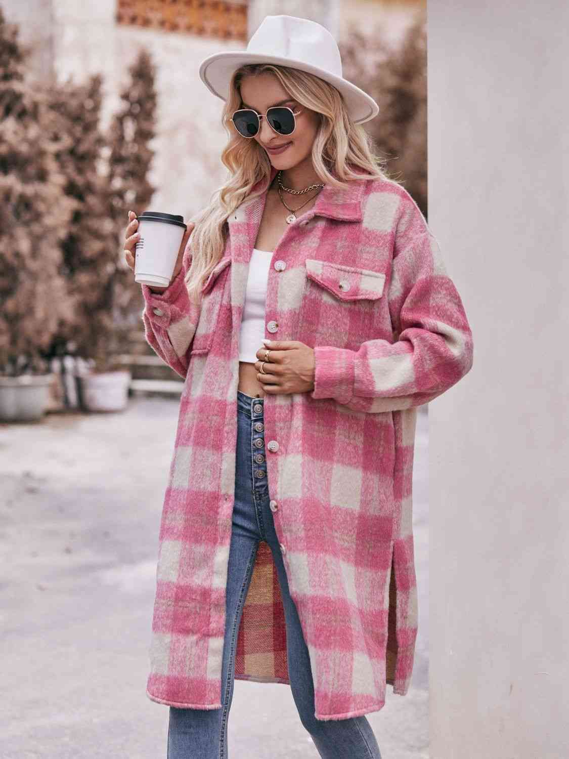 Plaid Dropped Shoulder Slit Coat