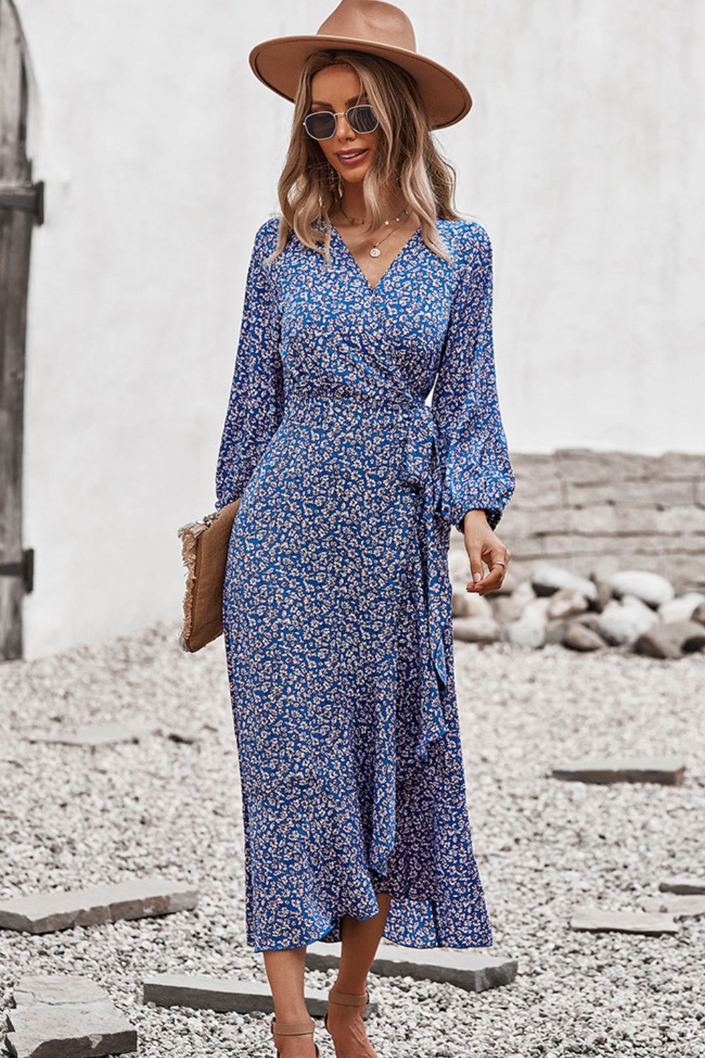 Floral Surplice Neck Long Sleeve Dress - SHIRLYN.CO