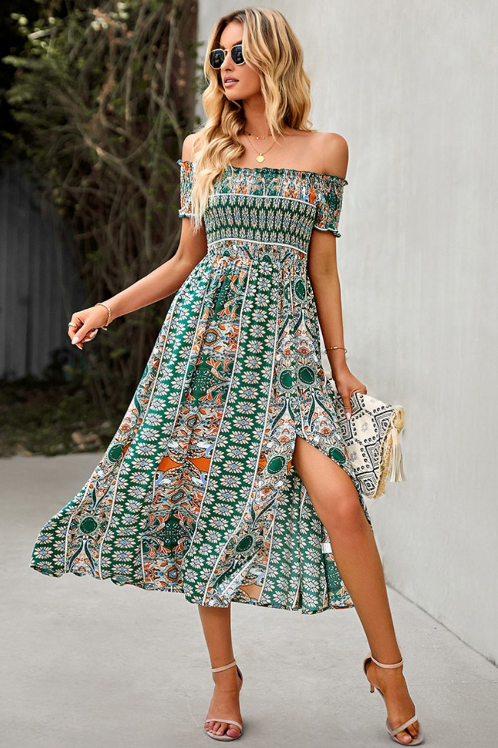 Bohemian Off-Shoulder Frill Trim Split Dress - SHIRLYN.CO