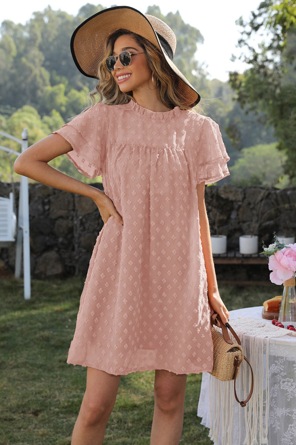 Swiss Dot Round Neck Flutter Sleeve Dress - SHIRLYN.CO