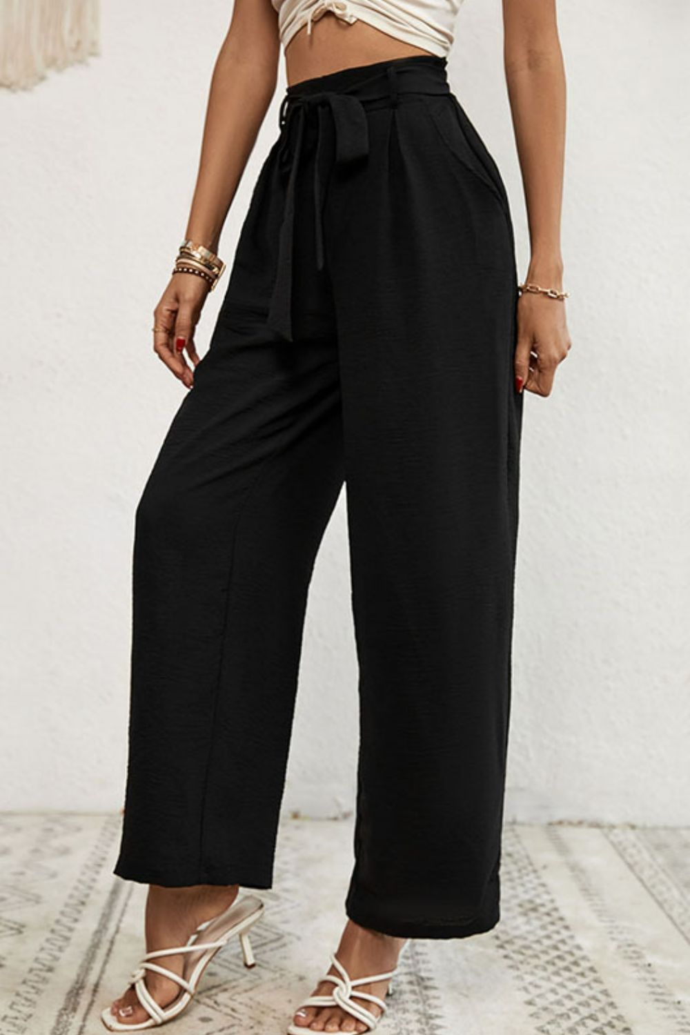 Belted Pleated Waist Wide Leg Pants - SHIRLYN.CO