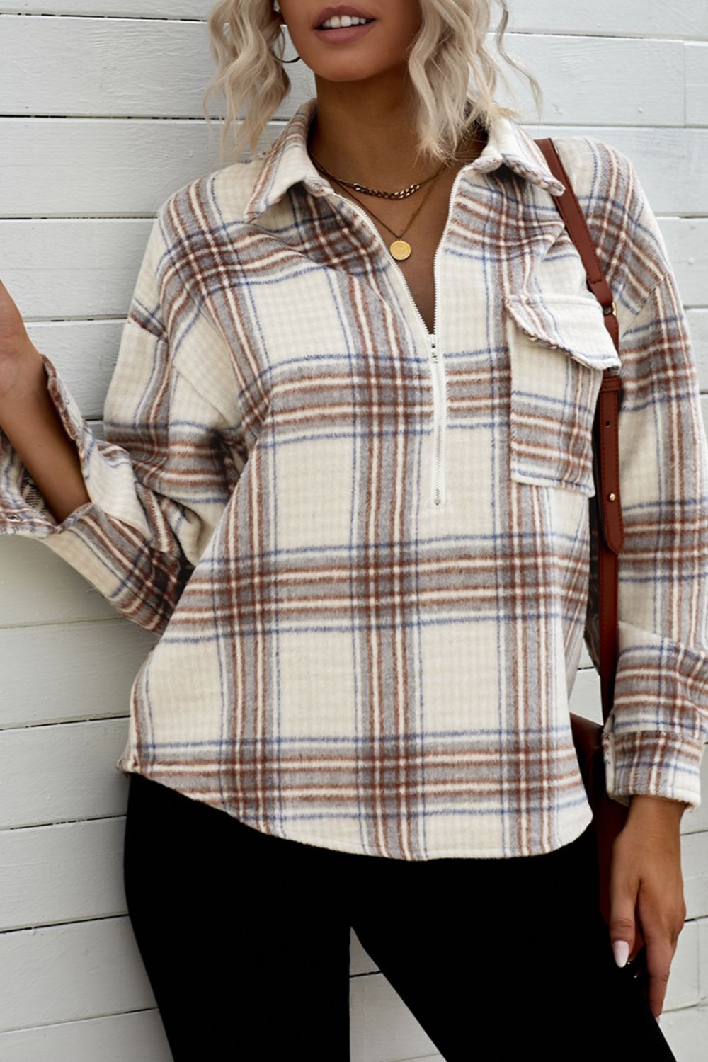 Plaid Half-Zip Collared Curved Hem Sweatshirt - SHIRLYN.CO