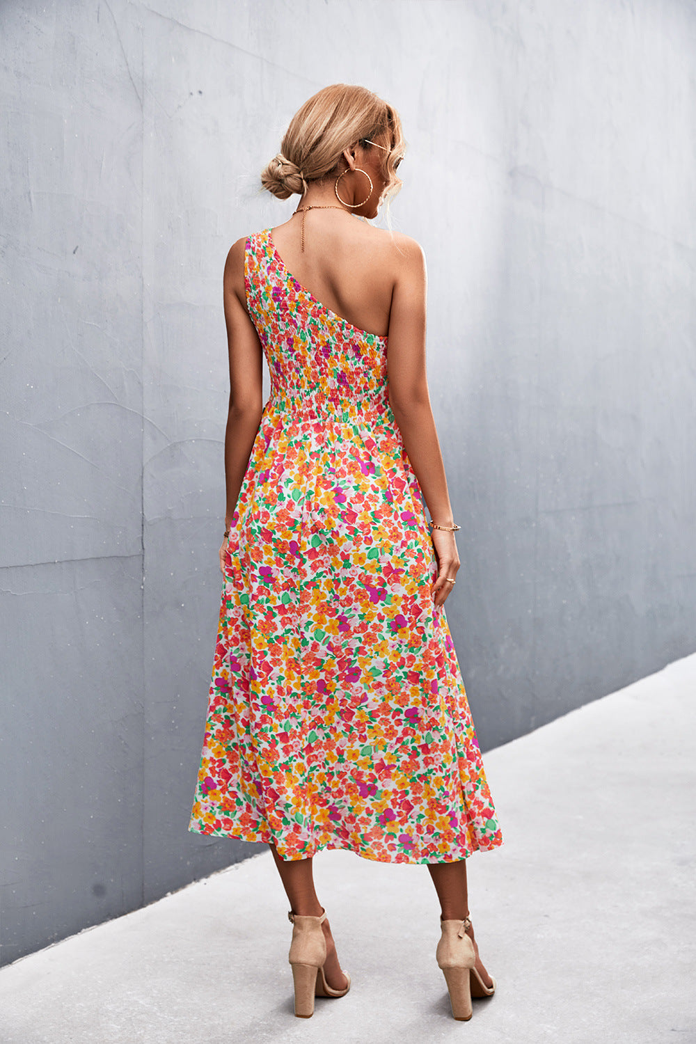 Floral Smocked One-Shoulder Midi Dress - SHIRLYN.CO