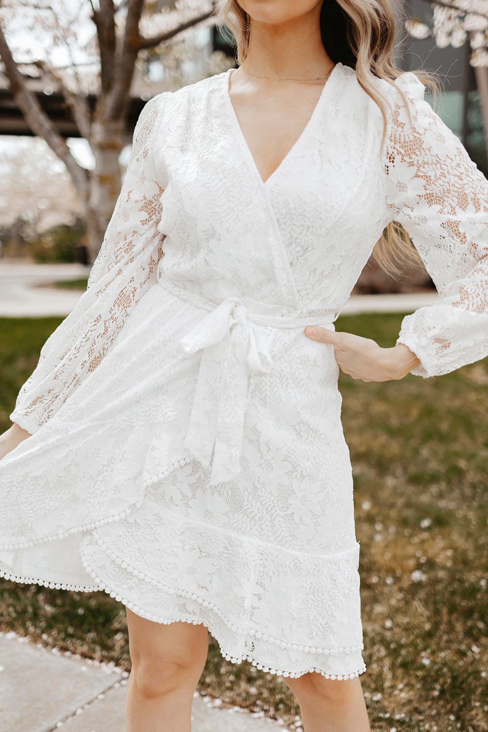 Pompom Trim Puff Sleeve Belted Lace Dress - SHIRLYN.CO