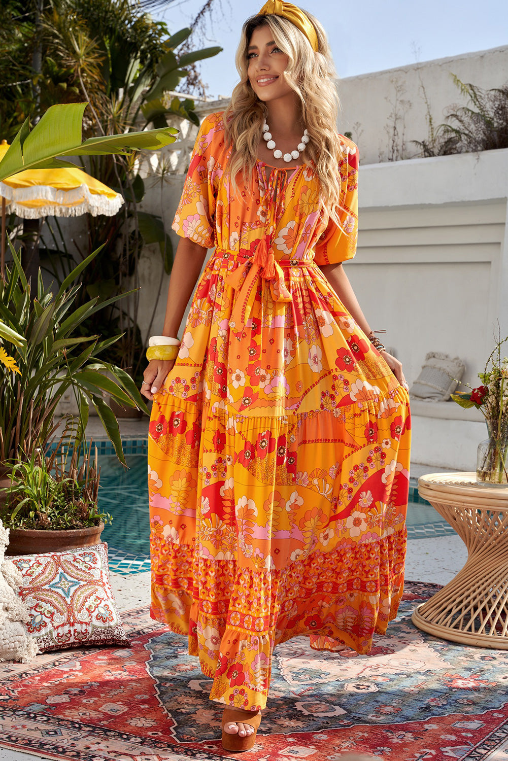 Bohemian Tie-Waist Tiered Maxi Dress - SHIRLYN.CO