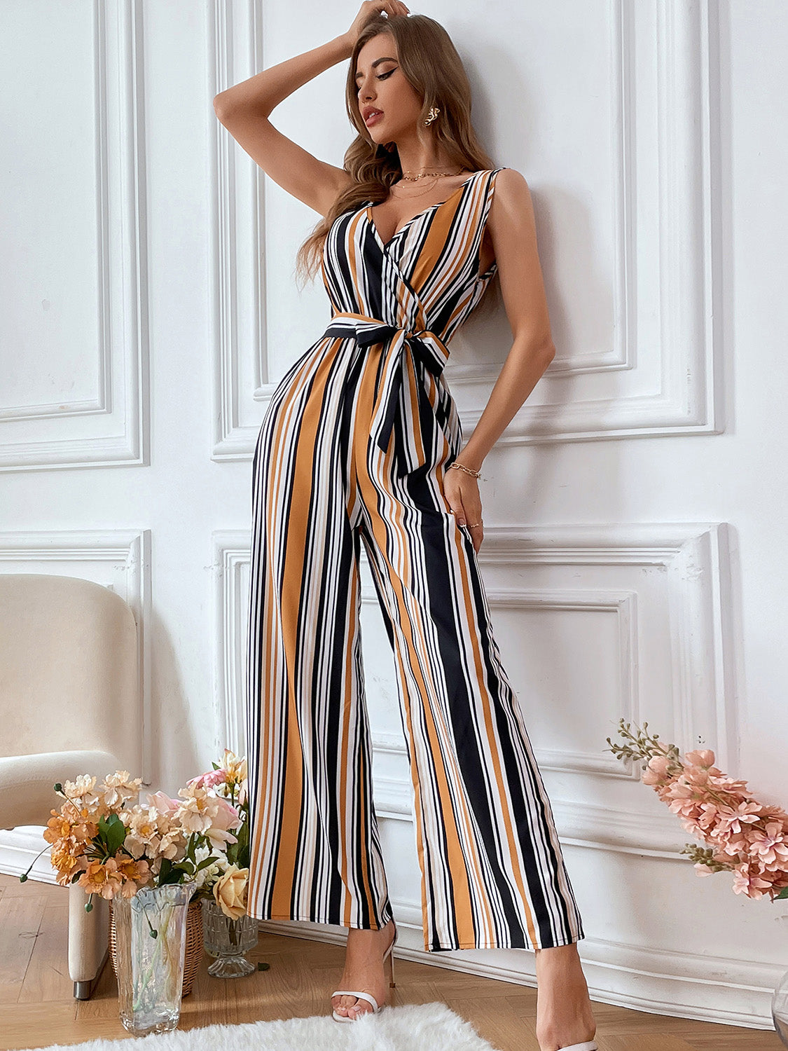 Editor's Choice: Shirlyn's Elegant Striped Sleeveless Wide-Leg Surplice Neck Jumpsuit