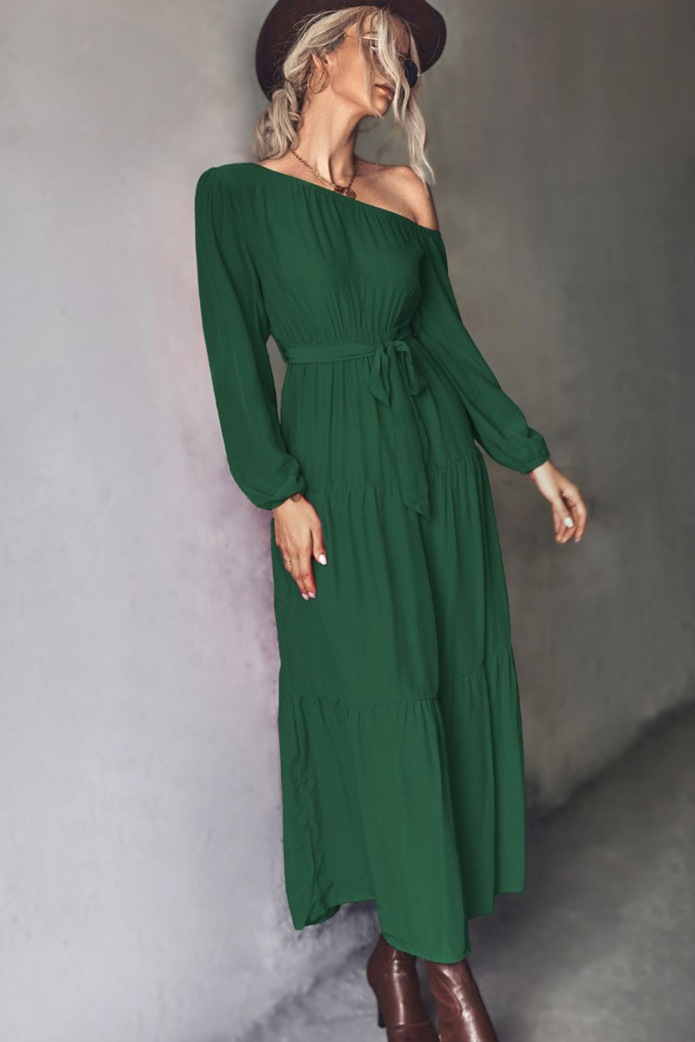 Belted One-Shoulder Tiered Maxi Dress - SHIRLYN.CO