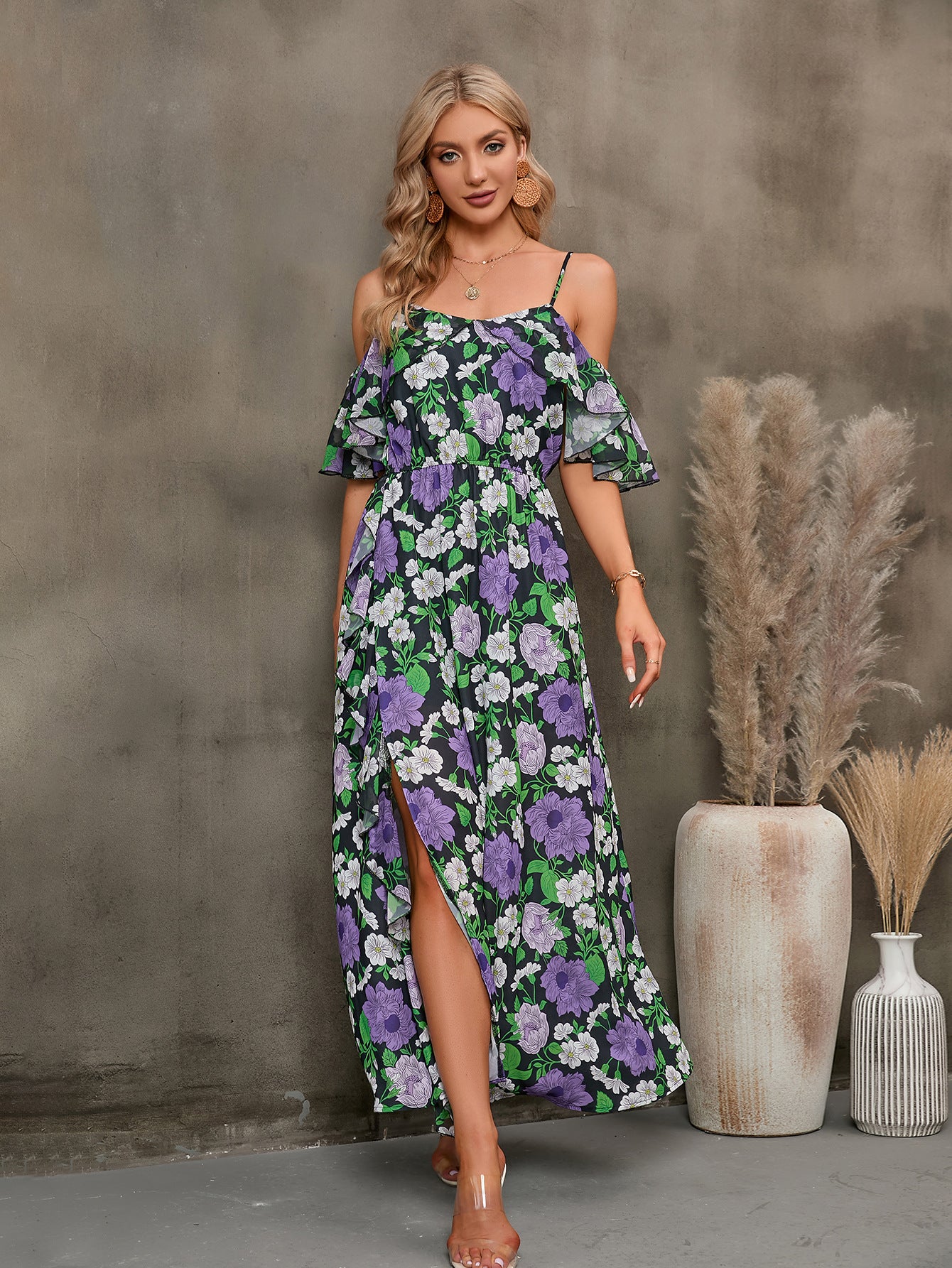 Floral Spaghetti Strap Cold-Shoulder Slit Maxi Dress - SHIRLYN.CO