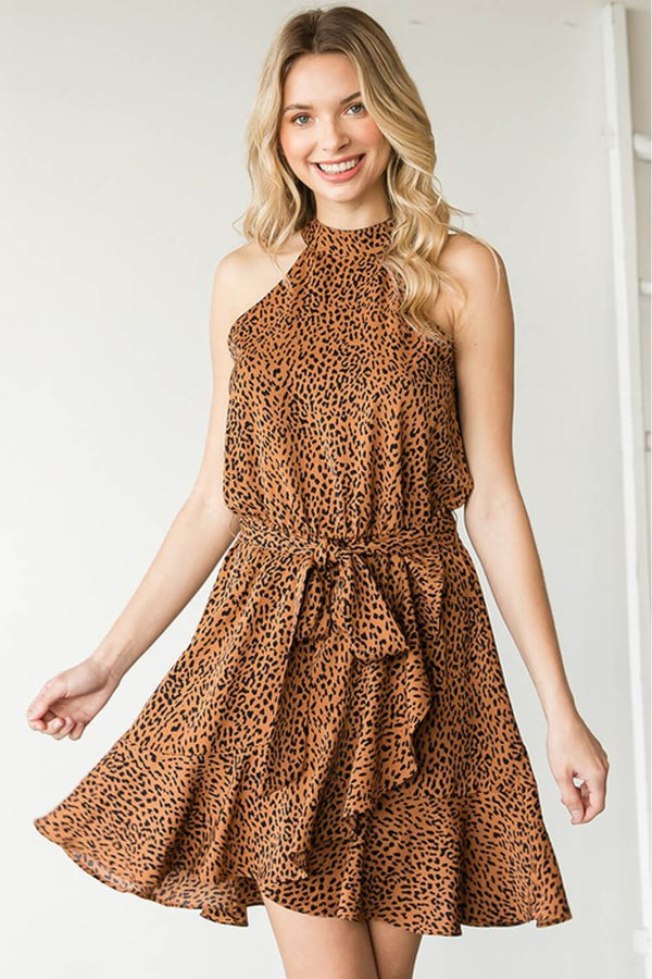 First Love Full Size Leopard Belted Sleeveless Dress - SHIRLYN.CO