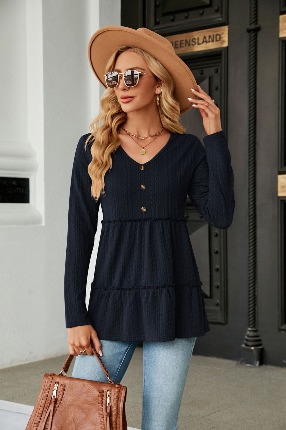 Long Sleeve V-Neck Cable-Knit Blouse