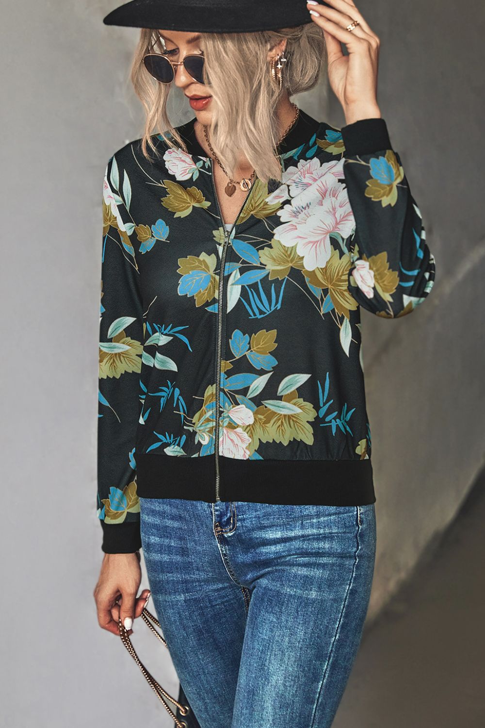 Floral Zip Up Ribbed Trim Bomber Jacket - SHIRLYN.CO