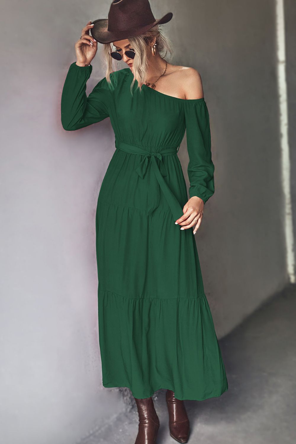 Belted One-Shoulder Tiered Maxi Dress - SHIRLYN.CO