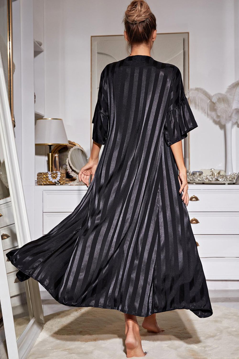 Striped Flounce Sleeve Open Front Robe and Cami Dress Set - SHIRLYN.CO