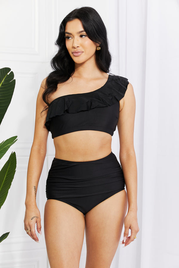 Marina West Swim Seaside Romance Ruffle One-Shoulder Bikini in Black - SHIRLYN.CO