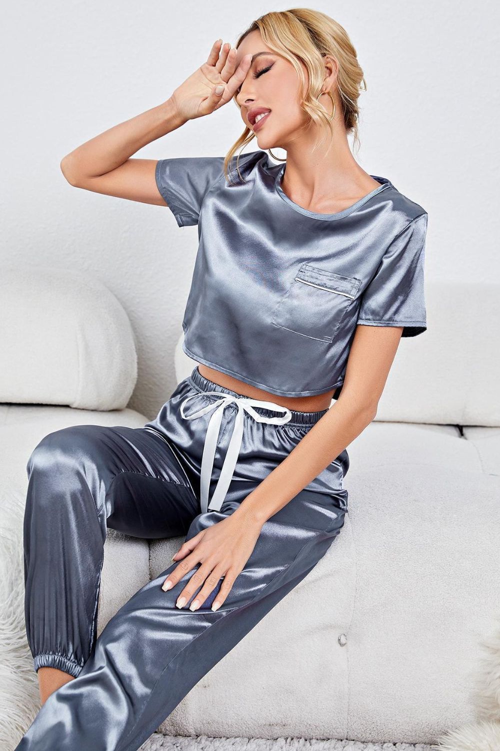 Satin Short Sleeve Crop Top and Joggers Lounge Set - SHIRLYN.CO