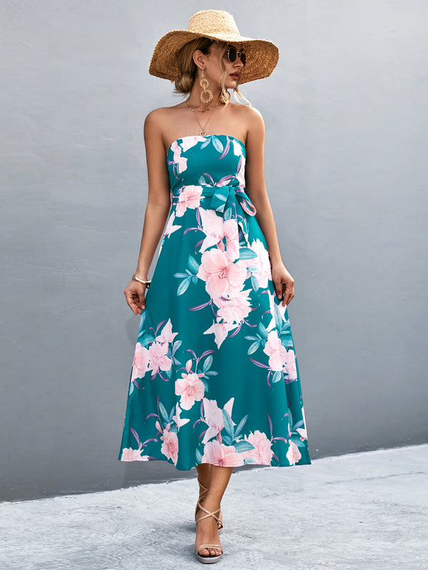 Floral Print Tie Waist Straight Neck Midi Dress - SHIRLYN.CO