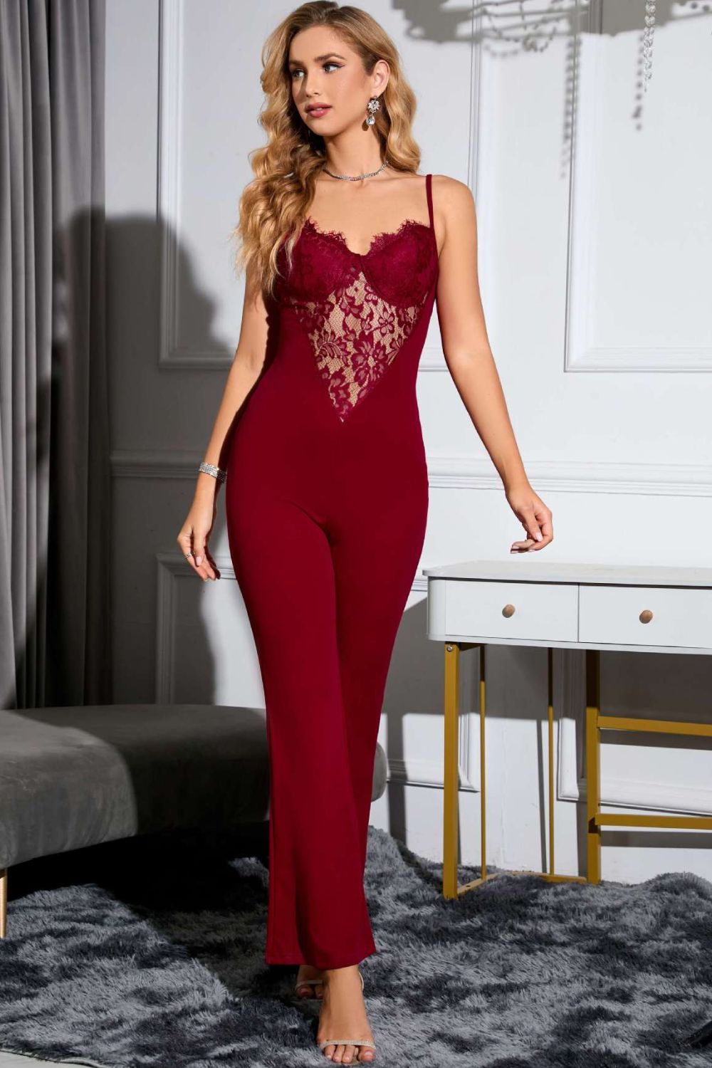 Shirlyn Luxe - Spliced Lace Sweetheart Neck Flare Leg Jumpsuit - SHIRLYN.CO