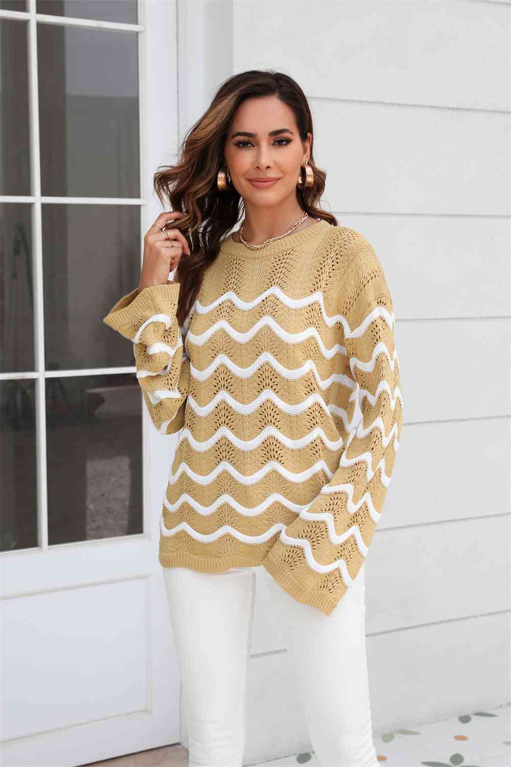 Wave Pattern Round Neck Long Sleeve Sweater