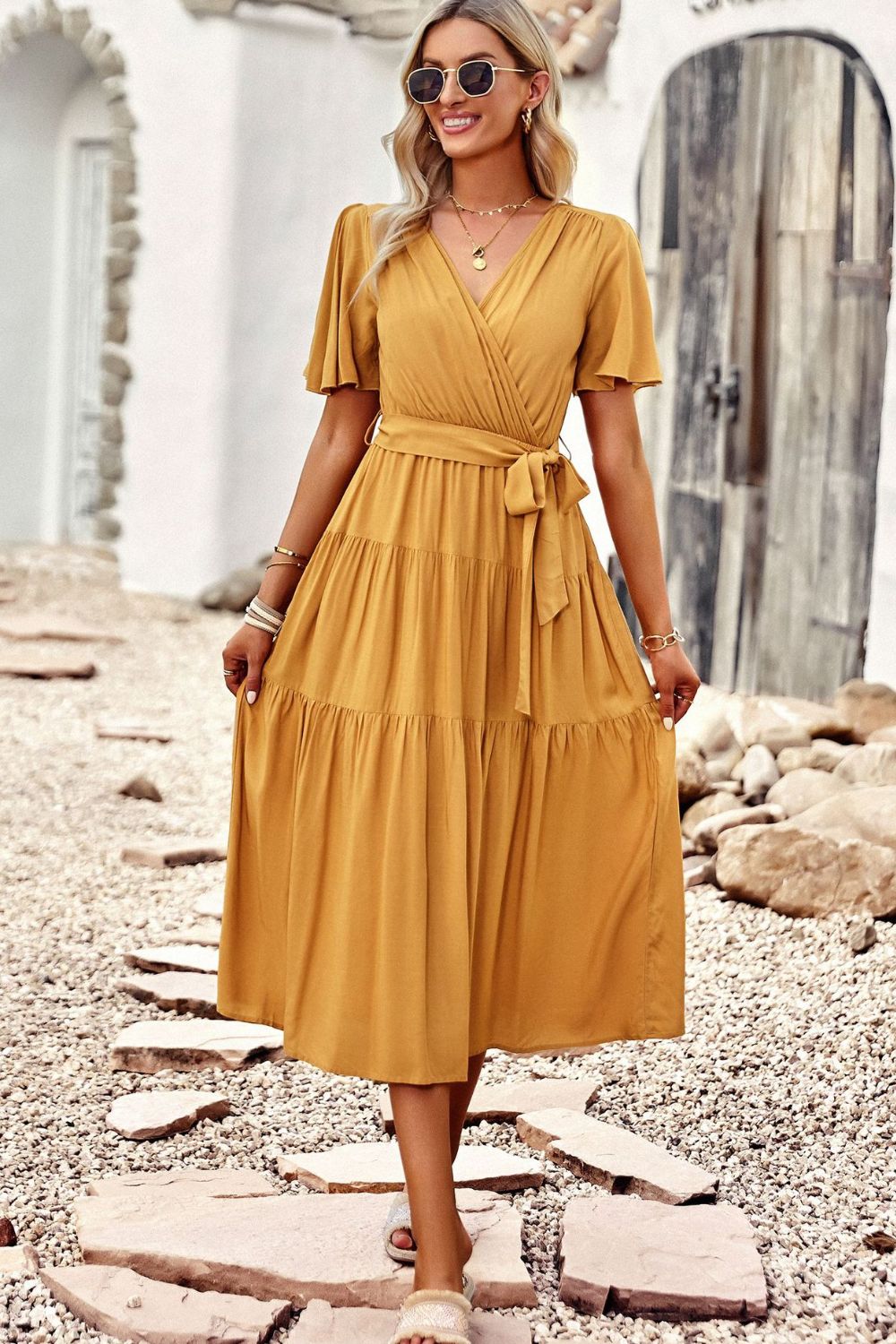 Belted Flutter Sleeve Tiered Surplice Dress - SHIRLYN.CO