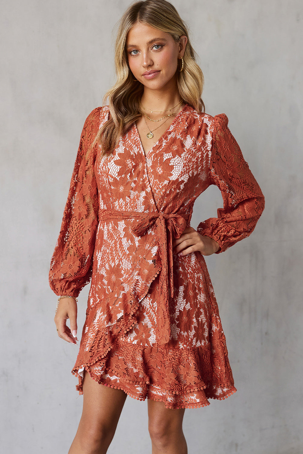 Pompom Trim Puff Sleeve Belted Lace Dress - SHIRLYN.CO