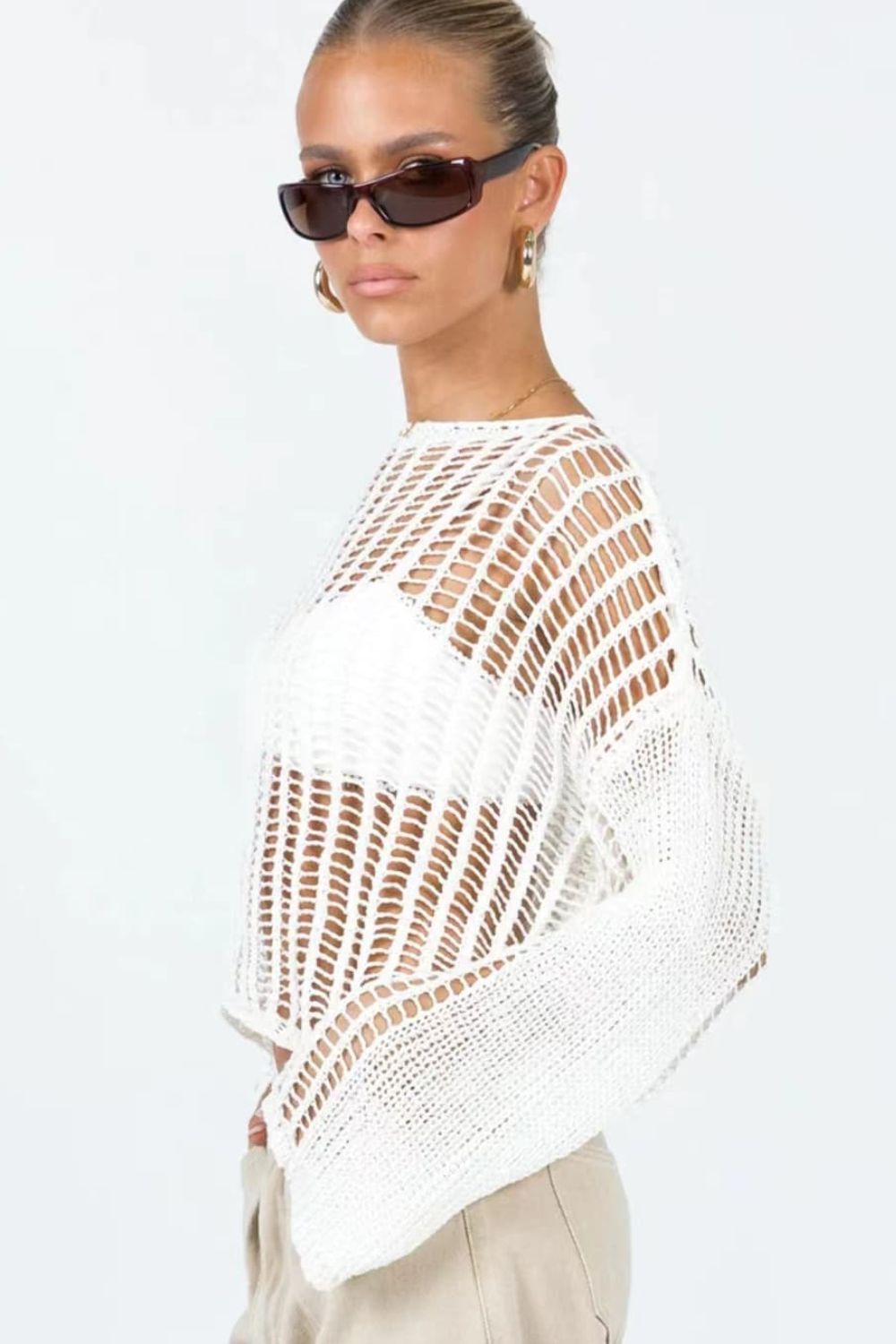 Openwork Boat Neck Long Sleeve Cover Up - SHIRLYN.CO