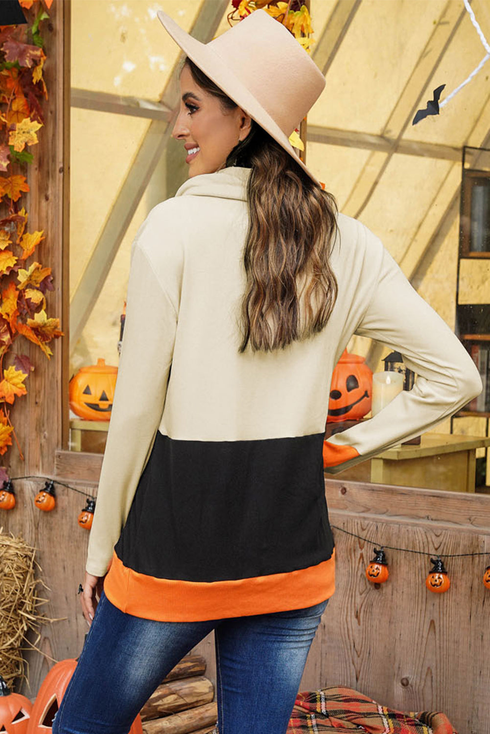 Halloween Print Color Block Drawstring Sweatshirt - SHIRLYN.CO